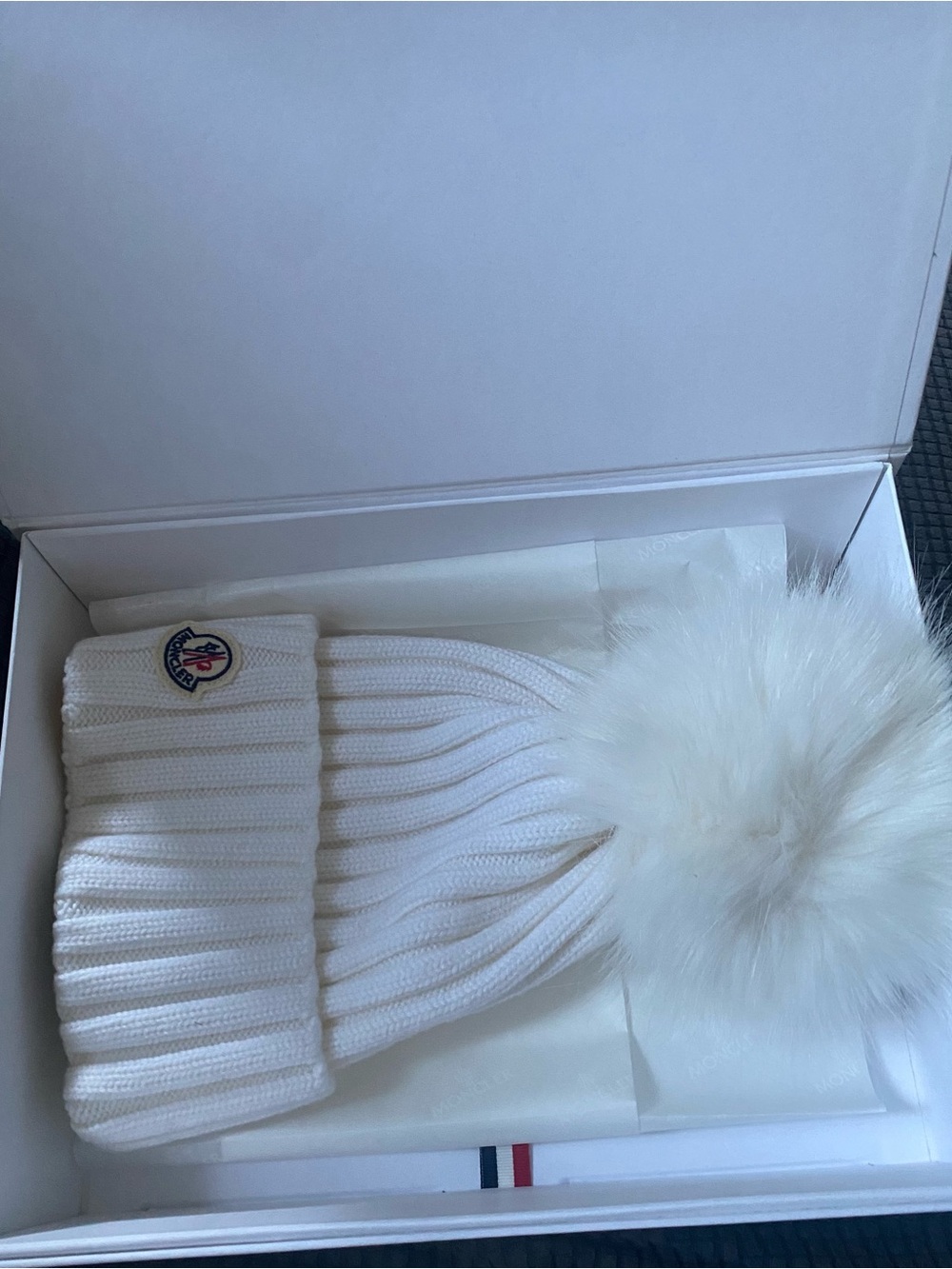 Moncler Wm’s White Ribbed Beanie with Fluffy Pom
